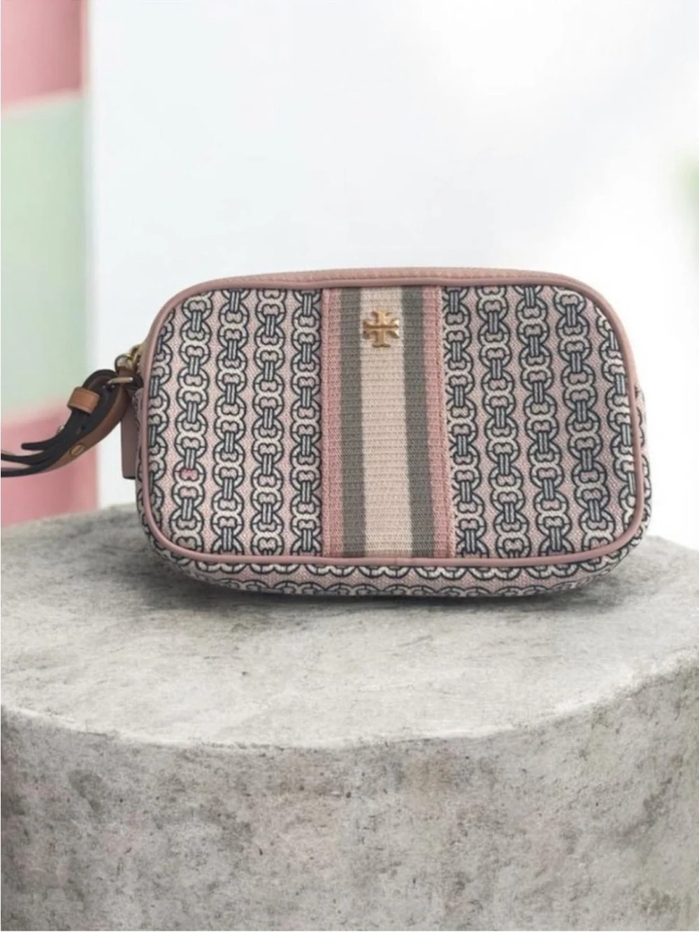 Like New ~ Tory Burch Beige, Brown & Pink Logo Wristlet